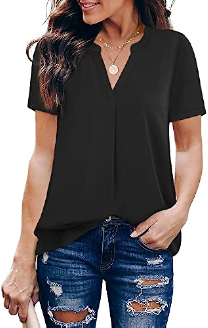 Timeson Women&#039;s V Neck Short Sleeve Curved Hem Sheer Chiffon Blouse Shirts Tops