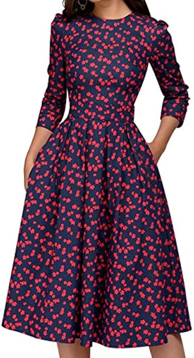 Simple Flavor Women&#039;s Floral Vintage Dress Elegant Midi Evening Dress 3/4 Sleeves
