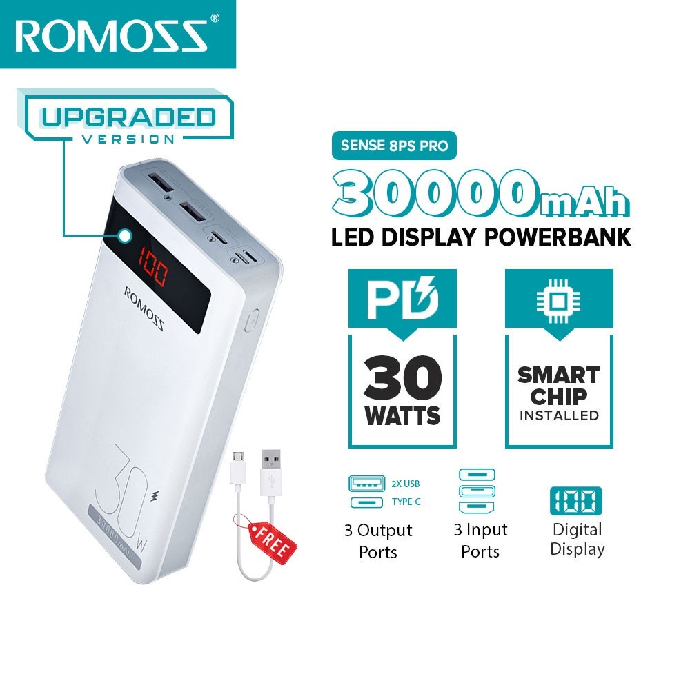 Romoss 30000mAh Powerbank Original Fast Charging PD Portable Charger Phone Battery Portable Source