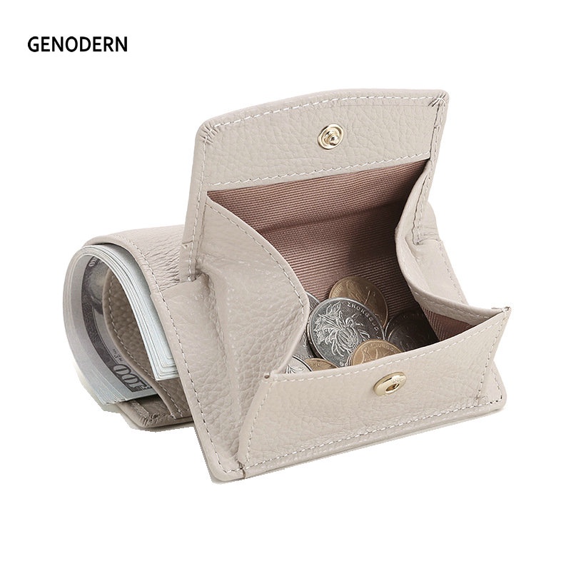GENODERN RFID Blocking Women&#039;s Wallet Genuine Leather Lady Purses Short Japanese-Style Multiple Card Slots Coin Purse Tri-Fold Wallet