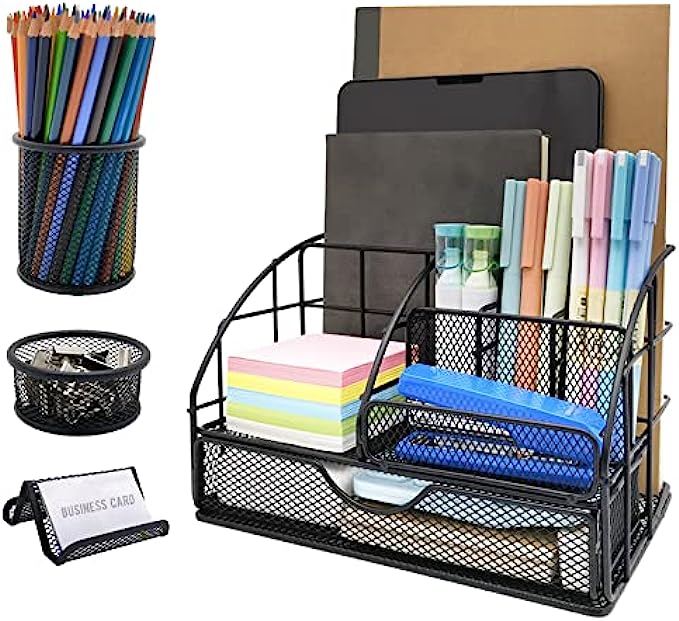 Caicvanlo Desk Organizers Office Supplies Set with 7 Compartments + 3 Accessories Mesh Desk Organizer Caddy with Drawer + Pen Holder,Paper Clip Holder,Business Card Holder for Office,Home,Art,File