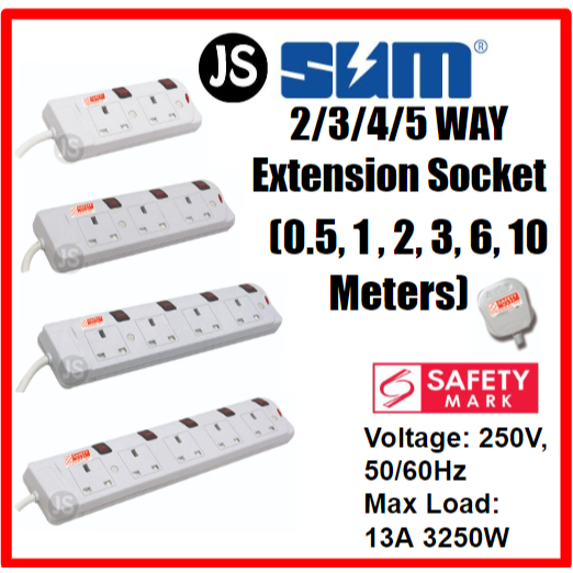 SUM 2/3/4/5 WAY Extension Socket (0.5, 1, 2, 3, 6, 10 Meters) With Singapore Safety Mark
